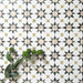 Group image of Agadir Natural Moroccan-style 20x20cm porcelain tiles, showcasing a repeating geometric star pattern in soft white with muted beige, olive and charcoal tones, styled with green foliage for a natural look.