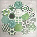 Fayrouz Verde Hexagon Patchwork Moroccan-style porcelain tiles in an 18.7 × 21.6cm hexagon format, showcasing a coordinated mix of geometric, starburst and zigzag patterns in layered green, sage, mint and charcoal tones, arranged as a decorative patchwork group to highlight colour variation and pattern diversity.
