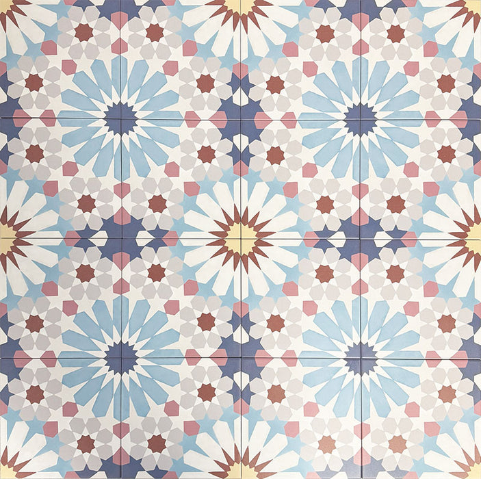 Fez Fiera Moroccan style porcelain tiles with a repeating geometric star pattern in soft blue, terracotta, grey and cream