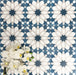 Souk Blue D 20×20cm Moroccan-style porcelain tiles arranged in a blue, white and grey geometric pattern.