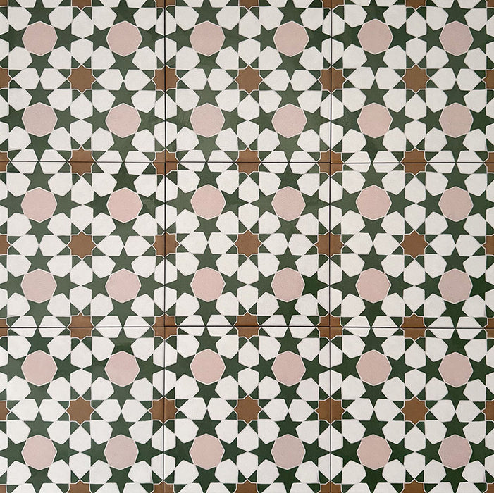 Cuba Tanane Moroccan-style porcelain tiles laid in a repeating geometric pattern, featuring deep green stars, soft pink octagons, crisp white shapes and warm brown accents across multiple 20×20cm tiles.
