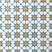 Agadir Sun and Sky Moroccan-style 20x20cm porcelain floor tiles laid in a repeating geometric star pattern in blue, white and warm yellow, shown as a grouped tile layout on a neutral background.