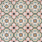 Cuba Paradise Moroccan-style porcelain tiles in a 20×20cm square format, arranged in a repeating floral pattern with coral pink backgrounds, green detailing and white and brown accents, showcasing the tile’s bold symmetry and decorative encaustic-style design.
