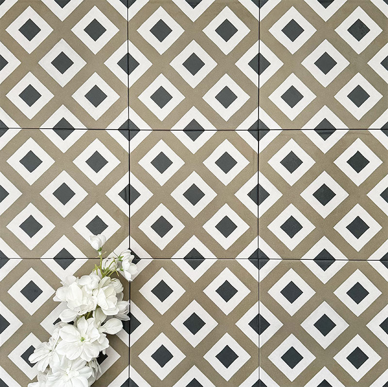 Viscount Park Road 20×20cm Victorian-style porcelain wall and floor tiles laid in a repeating geometric diamond pattern in olive green, white and dark grey, shown as a full tile layout with subtle tonal variation and white floral styling.