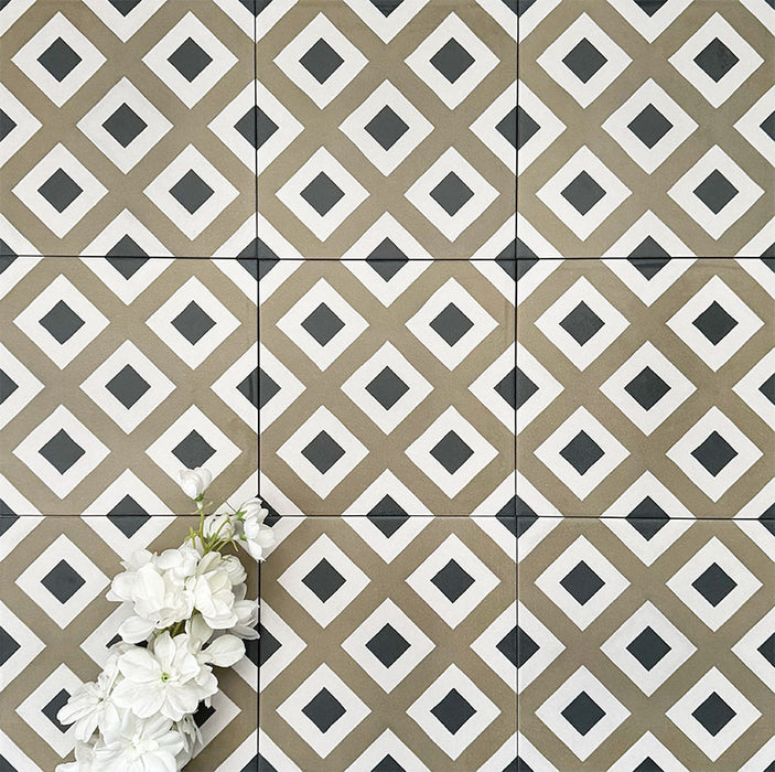 Viscount Park Road 20×20cm Victorian-style porcelain wall and floor tiles laid in a repeating geometric diamond pattern in olive green, white and dark grey, shown as a full tile layout with subtle tonal variation and white floral styling.