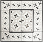 Pattern layout featuring Canterbury Star Victorian-style porcelain tiles in a 20 × 20cm format, arranged with coordinating border and corner tiles to create a framed geometric design with repeating star motifs, ideal for traditional hallway and entrance floor layouts.