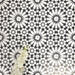Fez Winter Moroccan-style porcelain tiles laid in a repeating pattern, showcasing a striking black and white geometric star design. The 20 × 20cm tiles create a bold, high-contrast encaustic-effect surface, styled with white florals to highlight the crisp detailing and symmetry. Ideal for statement floors, feature walls, splashbacks, and contemporary or monochrome interior schemes.