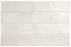 Benomar White Moroccan Mini Brick Gloss Tile 5x15cm shown in a classic brick layout, featuring soft white tones with subtle handcrafted effect variation and a high gloss finish, ideal for kitchen splashbacks and bathroom walls.