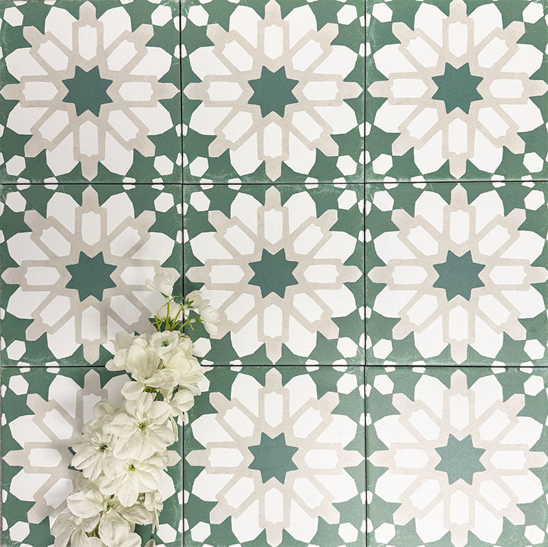 Souk Green D 20×20cm Moroccan-style porcelain tiles arranged in a green, white and beige geometric pattern.
