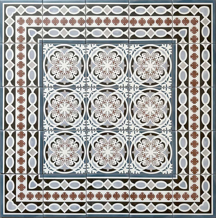 Decorative floor layout featuring Imperial Victorian Blue Mini Tiles, 15x15cm porcelain tiles with a classic Victorian-inspired pattern, arranged with coordinating border tiles to create a detailed period-style design.