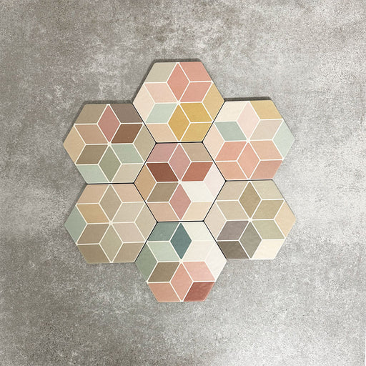Patterned layout of Athens Multicoloured Hexagon Patchwork 17x15cm Moroccan-style tiles, showcasing a geometric cube-effect design in soft pastel and earthy tones arranged in a decorative hexagonal formation.