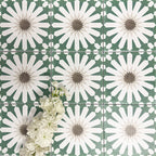 Souk Green A 20×20cm Moroccan-style porcelain tiles arranged in a green, white and beige geometric pattern.