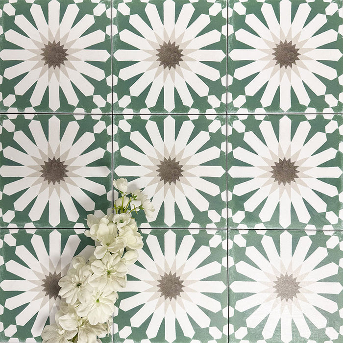 Souk Green A 20×20cm Moroccan-style porcelain tiles arranged in a green, white and beige geometric pattern.