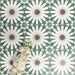 Souk Green A 20×20cm Moroccan-style porcelain tiles arranged in a green, white and beige geometric pattern.