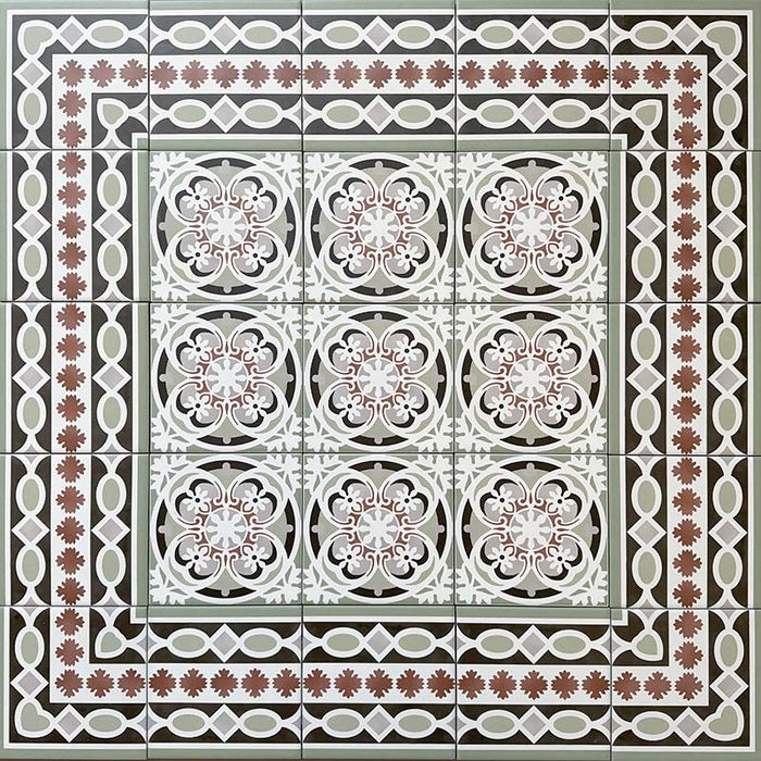 Decorative floor layout featuring Imperial Victorian Green Mini Border Tiles, 15x15cm porcelain tiles arranged around matching patterned centre tiles to create a detailed Victorian-inspired floor design.