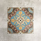 Four London Streets Hanover Square 20x20cm Victorian Moroccan style porcelain tiles arranged together to showcase the repeating blue, terracotta and cream geometric pattern inspired by traditional Victorian style decorative floor tiles.