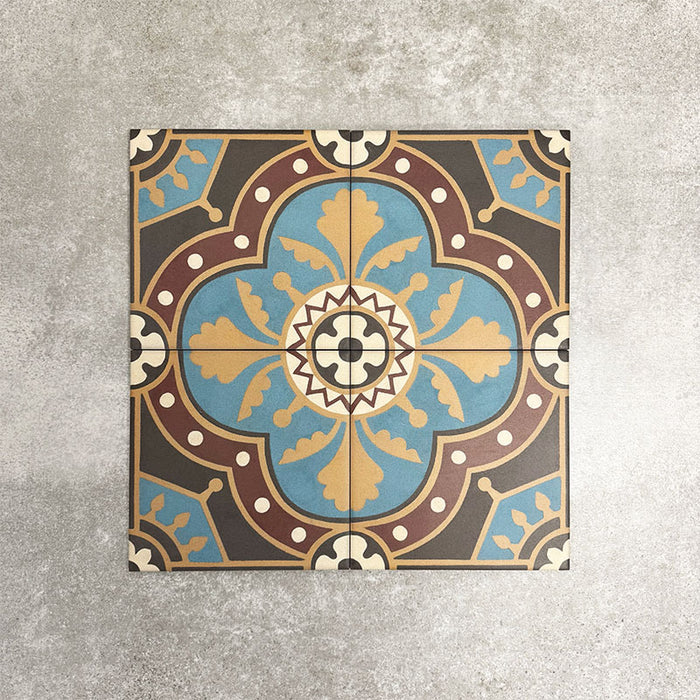 Four London Streets Hanover Square 20x20cm Victorian Moroccan style porcelain tiles arranged together to showcase the repeating blue, terracotta and cream geometric pattern inspired by traditional Victorian style decorative floor tiles.