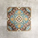 Four London Streets Hanover Square 20x20cm Victorian Moroccan style porcelain tiles arranged together to showcase the repeating blue, terracotta and cream geometric pattern inspired by traditional Victorian style decorative floor tiles.