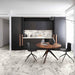 Modern kitchen and dining space featuring Hudson Calacatta Matt Marble 30 × 60cm porcelain floor tiles, showcasing a crisp white base with soft grey veining, paired with dark cabinetry, warm wood tones, and minimalist styling for a clean, contemporary finish.