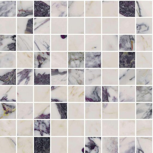 Flat lay of Hudson Capraia Mosaic Matt Marble 30 × 30cm porcelain tiles, featuring small-format squares that highlight a white base with bold grey and deep tonal veining, creating a textured, statement surface ideal for feature walls, splashbacks, or detailed flooring.