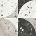 Flat lay of Jericho Decor Terrazzo 66 × 66cm porcelain wall and floor tile, featuring a terrazzo base with multicoloured aggregate chips combined with bold geometric quarter-circle patterning in contrasting light and dark tones, creating a striking, contemporary statement design.