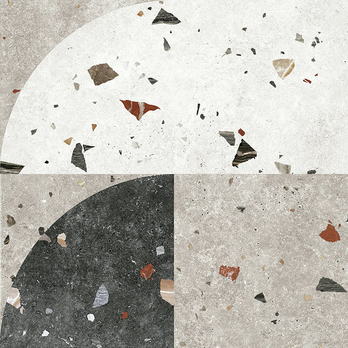 Flat lay of Jericho Decor Terrazzo 66 × 66cm porcelain wall and floor tile, featuring a terrazzo base with multicoloured aggregate chips combined with bold geometric quarter-circle patterning in contrasting light and dark tones, creating a striking, contemporary statement design.