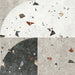 Flat lay of Jericho Decor Terrazzo 66 × 66cm porcelain wall and floor tile, featuring a terrazzo base with multicoloured aggregate chips combined with bold geometric quarter-circle patterning in contrasting light and dark tones, creating a striking, contemporary statement design.