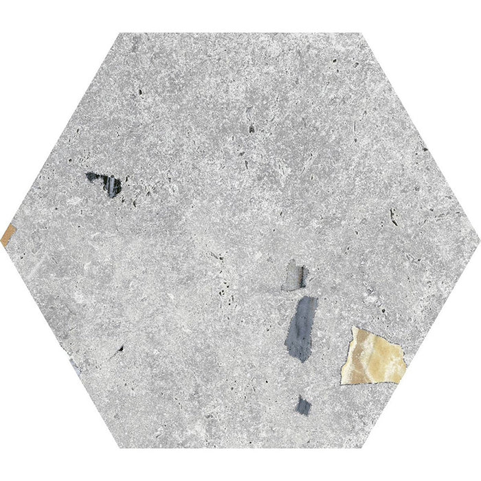 Flat lay of Jericho Silver Terrazzo Hexagon 25 × 22cm porcelain wall and floor tile, featuring a soft grey base with subtle multicoloured aggregate fragments, creating a refined terrazzo effect with gentle texture and understated movement.