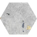 Flat lay of Jericho Silver Terrazzo Hexagon 25 × 22cm porcelain wall and floor tile, featuring a soft grey base with subtle multicoloured aggregate fragments, creating a refined terrazzo effect with gentle texture and understated movement.