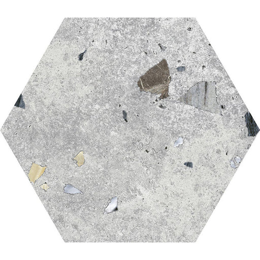 Flat lay of Jericho Silver Terrazzo Hexagon 25 × 22cm porcelain wall and floor tile, featuring a soft grey base with subtle multicoloured aggregate fragments, creating a refined terrazzo effect with gentle texture and understated movement.