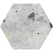 Flat lay of Jericho Silver Terrazzo Hexagon 25 × 22cm porcelain wall and floor tile, featuring a soft grey base with subtle multicoloured aggregate fragments, creating a refined terrazzo effect with gentle texture and understated movement.