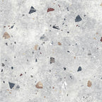 Flat lay of Jericho Silver Terrazzo 66 × 66cm porcelain wall and floor tile, featuring a soft grey base with scattered multicoloured aggregate chips in varied sizes, creating a balanced, contemporary terrazzo effect with subtle movement and texture.