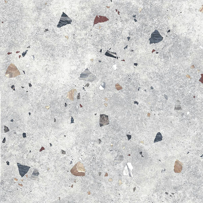 Flat lay of Jericho Silver Terrazzo 66 × 66cm porcelain wall and floor tile, featuring a soft grey base with scattered multicoloured aggregate chips in varied sizes, creating a balanced, contemporary terrazzo effect with subtle movement and texture.