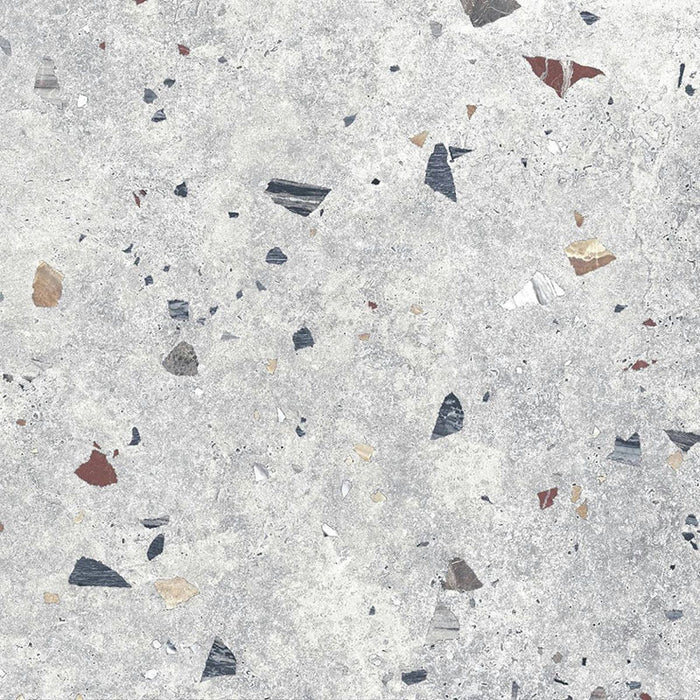 Flat lay of Jericho Silver Terrazzo 66 × 66cm porcelain wall and floor tile, featuring a soft grey base with scattered multicoloured aggregate chips in varied sizes, creating a balanced, contemporary terrazzo effect with subtle movement and texture.