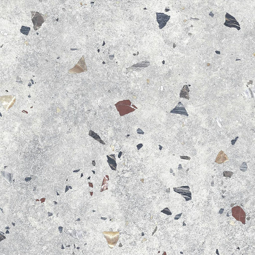 Flat lay of Jericho Silver Terrazzo 66 × 66cm porcelain wall and floor tile, featuring a soft grey base with scattered multicoloured aggregate chips in varied sizes, creating a balanced, contemporary terrazzo effect with subtle movement and texture.