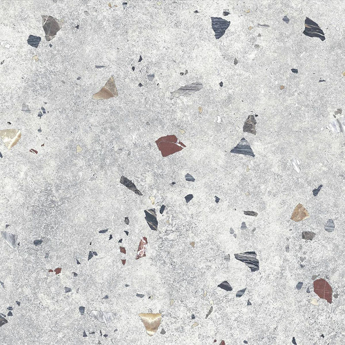 Flat lay of Jericho Silver Terrazzo 66 × 66cm porcelain wall and floor tile, featuring a soft grey base with scattered multicoloured aggregate chips in varied sizes, creating a balanced, contemporary terrazzo effect with subtle movement and texture.