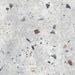 Flat lay of Jericho Silver Terrazzo 66 × 66cm porcelain wall and floor tile, featuring a soft grey base with scattered multicoloured aggregate chips in varied sizes, creating a balanced, contemporary terrazzo effect with subtle movement and texture.