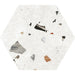 Flat lay of Jericho White Terrazzo Hexagon 25 × 22cm porcelain wall and floor tile, featuring a crisp white base with scattered multicoloured aggregate chips in varied sizes, creating a clean, contemporary terrazzo effect with subtle texture and movement.
