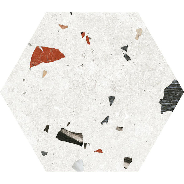 Flat lay of Jericho White Terrazzo Hexagon 25 × 22cm porcelain wall and floor tile, featuring a crisp white base with scattered multicoloured aggregate chips in varied sizes, creating a clean, contemporary terrazzo effect with subtle texture and movement.