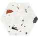 Flat lay of Jericho White Terrazzo Hexagon 25 × 22cm porcelain wall and floor tile, featuring a crisp white base with scattered multicoloured aggregate chips in varied sizes, creating a clean, contemporary terrazzo effect with subtle texture and movement.