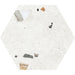 Flat lay of Jericho White Terrazzo Hexagon 25 × 22cm porcelain wall and floor tile, featuring a crisp white base with scattered multicoloured aggregate chips in varied sizes, creating a clean, contemporary terrazzo effect with subtle texture and movement.