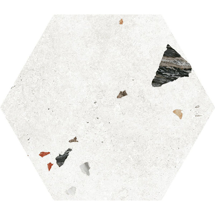 Flat lay of Jericho White Terrazzo Hexagon 25 × 22cm porcelain wall and floor tile, featuring a crisp white base with scattered multicoloured aggregate chips in varied sizes, creating a clean, contemporary terrazzo effect with subtle texture and movement.