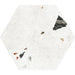 Flat lay of Jericho White Terrazzo Hexagon 25 × 22cm porcelain wall and floor tile, featuring a crisp white base with scattered multicoloured aggregate chips in varied sizes, creating a clean, contemporary terrazzo effect with subtle texture and movement.