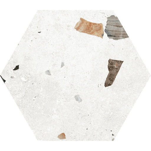 Flat lay of Jericho White Terrazzo Hexagon 25 × 22cm porcelain wall and floor tile, featuring a crisp white base with scattered multicoloured aggregate chips in varied sizes, creating a clean, contemporary terrazzo effect with subtle texture and movement.