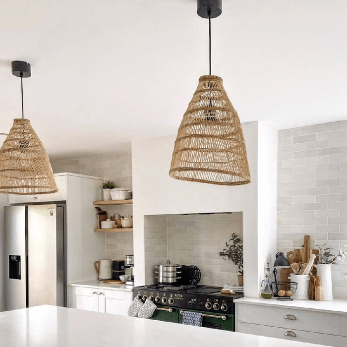 Zellige Chalk White Moroccan-style brick tiles used as a kitchen splashback, creating a soft, handcrafted finish behind open shelving and worktops.