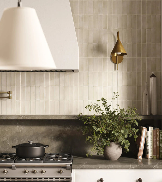 Kitchen setting featuring Benomar Canvas Moroccan style mini brick tiles in a 5x15cm format, finished in a soft matt surface. Laid vertically, the slim proportions create a subtle sense of height while enhancing the handcrafted, textural feel across the wall.