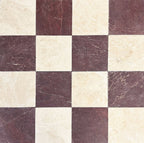 Chequerboard layout featuring Fayrouz Latte Foam 15.2x15.2cm natural marble tiles with a tumbled finish, paired with Burgundy Red marble tiles, forming a classic square grid with soft contrast and natural variation.