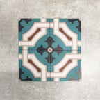 Four London Streets Leicester Square 20x20cm Victorian Moroccan style porcelain tiles arranged to display the repeating teal, cream and terracotta geometric pattern.