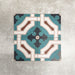 Four London Streets Leicester Square 20x20cm Victorian Moroccan style porcelain tiles arranged to display the repeating teal, cream and terracotta geometric pattern.