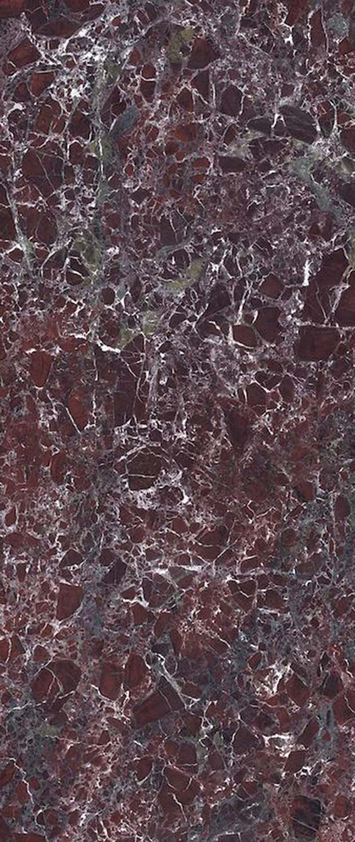 Close-up of Levant Rouge Polished Marble effect 60 × 120cm porcelain tile, showcasing a deep red base with intricate white veining and subtle tonal variation, creating a bold, natural stone-inspired finish.